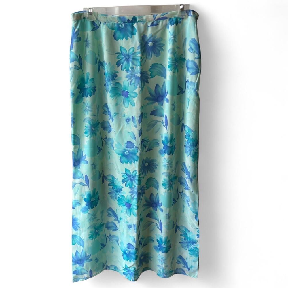 Worthington Vintage Maxi Skirt Whimsy NWT Floral Blue Side Slit Pleated Lined 10